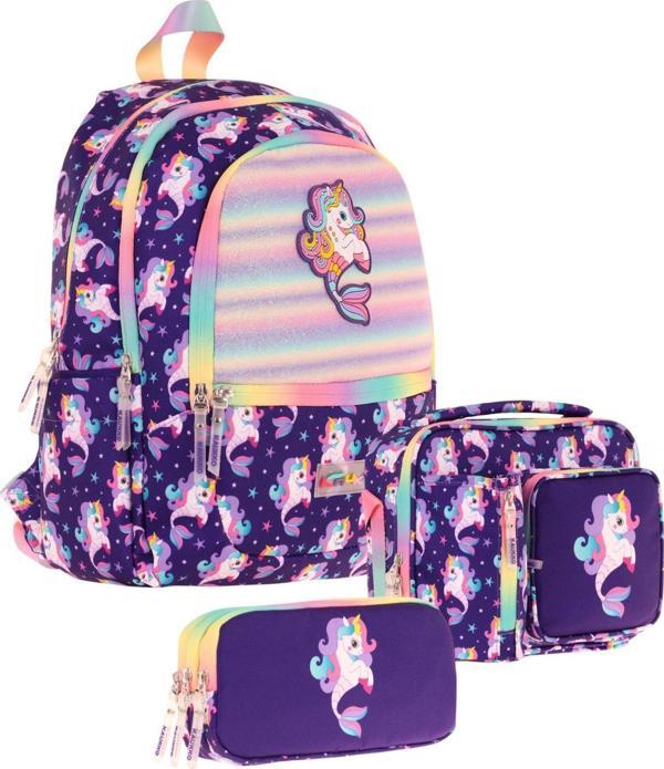 Kaukko Kids Üçlü Kız Çocuk İlkokul Okul Çantası Seti (L5228+L7228+L8228) Mor - Kauçuk Unicorn - Image 1