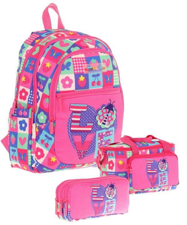 Kaukko Kids Üçlü Kız Çocuk İlkokul Okul Çantası Seti (L5229+L7229+L8229) Pembe Mavi - Love Desenli - Image 1