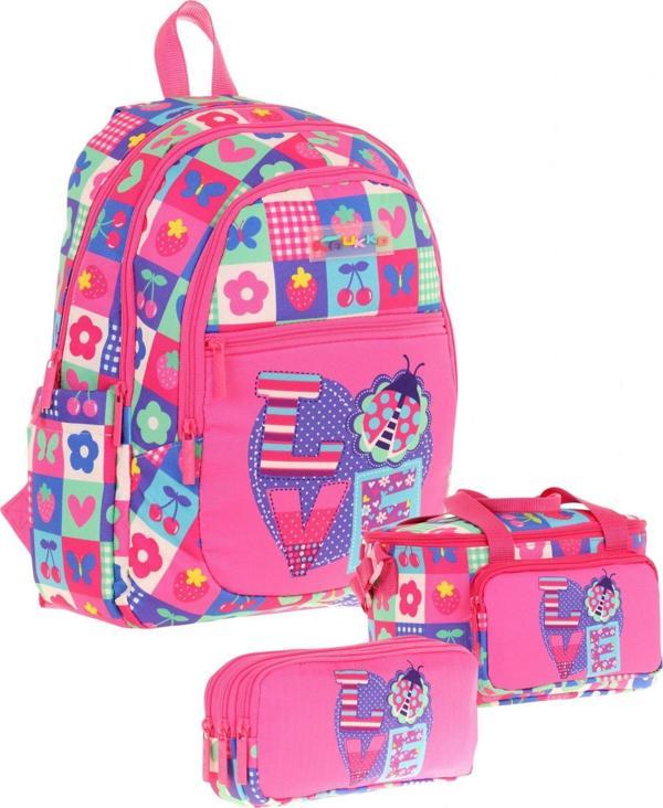 Kaukko Kids Üçlü Kız Çocuk İlkokul Okul Çantası Seti (L5229+L7229+L8229) Pembe Mavi - Love Desenli - Image 1