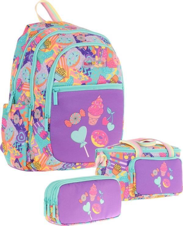 Kaukko Kids Üçlü Kız Çocuk İlkokul Okul Çantası Seti (L5231+L7231+L8231) Yeşil Mor - Şekerleme Desenli - Image 1