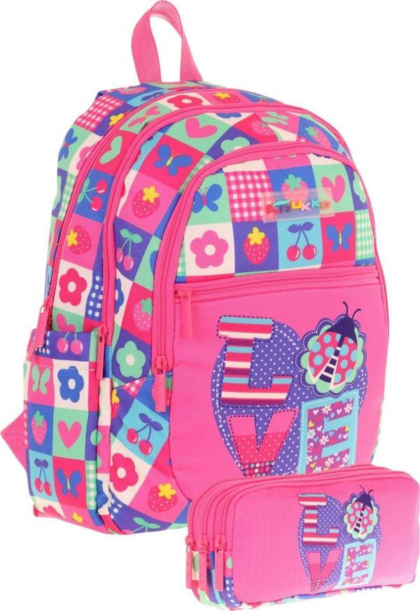 Kaukko Kız Çocuk Dört Gözlü Okul Çantası ve Üç Gözlü Kalem Çantası Seti - Pembe Mavi - Love (L5229+L8229) - Image 1