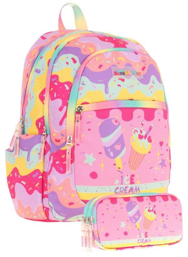Kaukko Kız Çocuk Dört Gözlü Okul Çantası ve Üç Gözlü Kalem Çantası Seti - Pembe Sarı - Dondurma (L5232+L8232) - Image 1