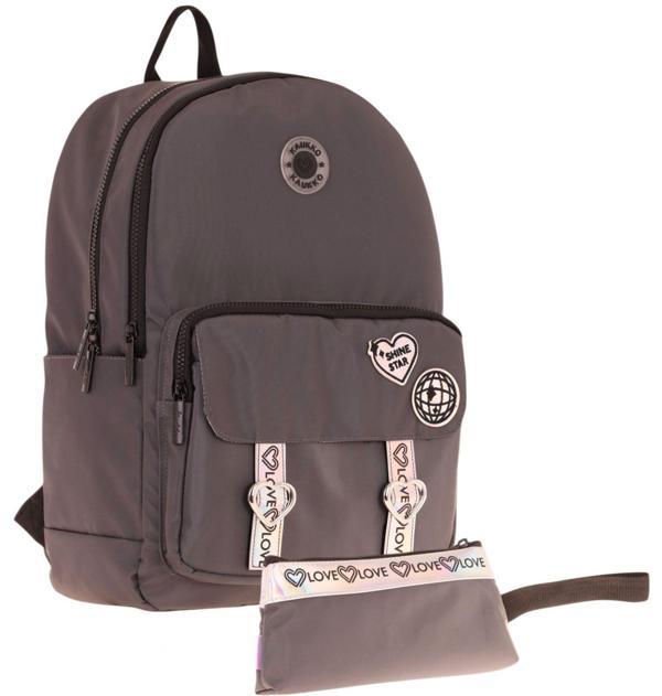 Kaukko Parlak Love Şeritli Gri Okul Çantası ve Cüzdan Tipi Kalemlik Seti (KK-K1842+KK-K2753) - Image 1
