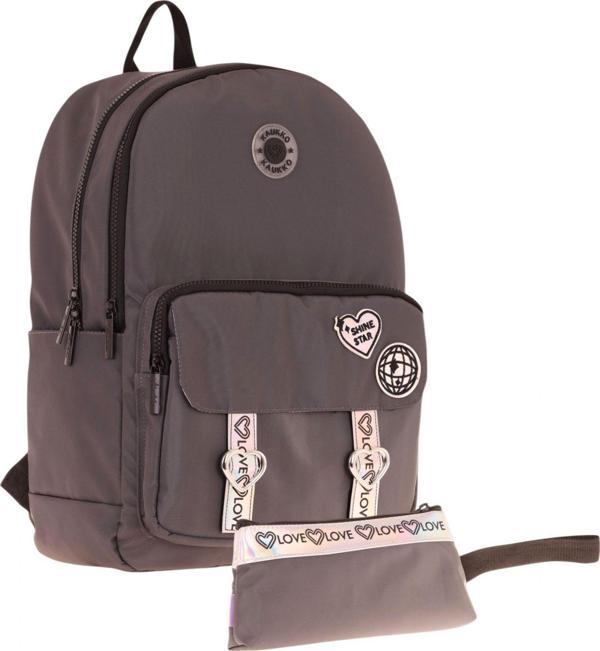 Kaukko Parlak Love Şeritli Gri Okul Çantası ve Cüzdan Tipi Kalemlik Seti (KK-K1842+KK-K2753) - Image 1