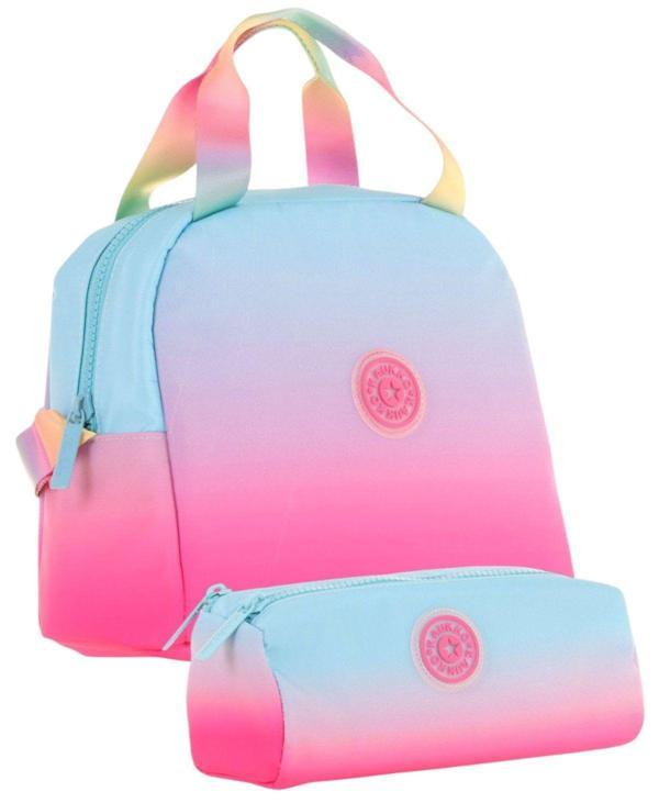 Kaukko Rainbow Beslenme Çantası + Kalemlik Seti Mavi Pembe, Renk Geçişli, Kız Çocuk - Image 1