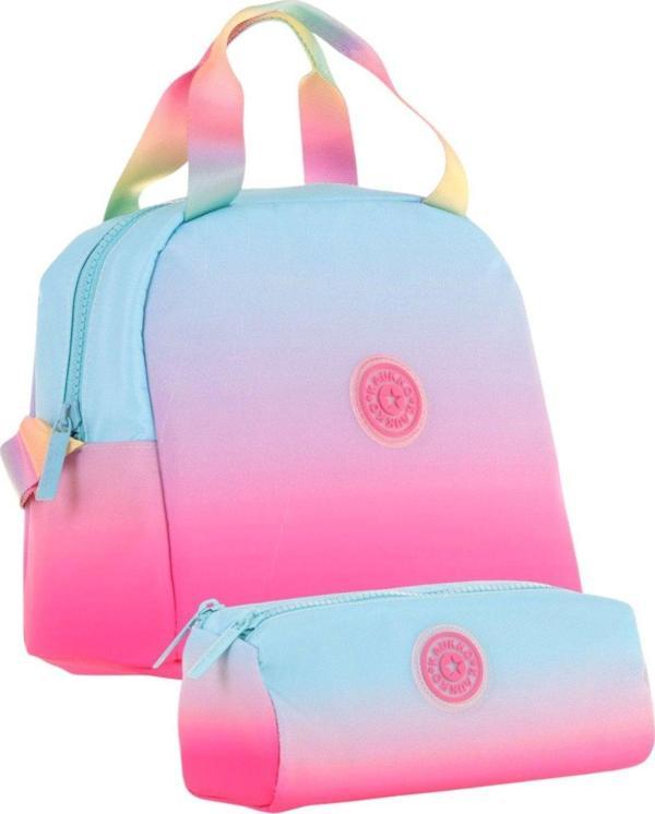 Kaukko Rainbow Beslenme Çantası + Kalemlik Seti Mavi Pembe, Renk Geçişli, Kız Çocuk - Image 1