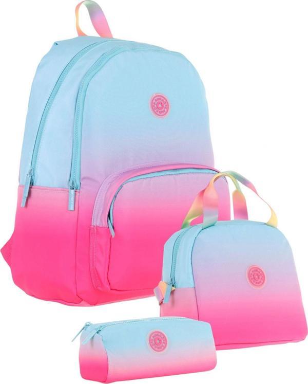 Kaukko Rainbow Mavi Pembe Renk Geçişli Kız Çocuk Üçlü İlkokul ve Ortaokul Çanta Seti - Image 1