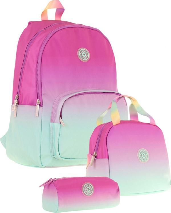 Kaukko Rainbow Pembe Yeşil Renk Geçişli Kız Çocuk Üçlü İlkokul ve Ortaokul Çanta Seti - Image 1