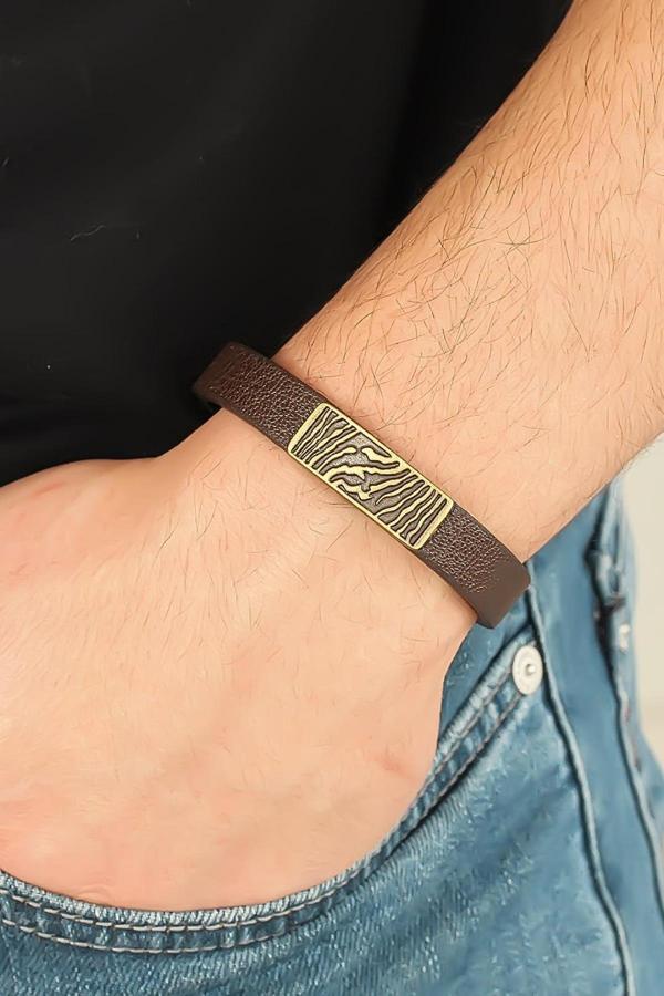 Eskitme Metal Zebra Aksesuarlı Kahverengi Deri Erkek Bileklik - Image 1