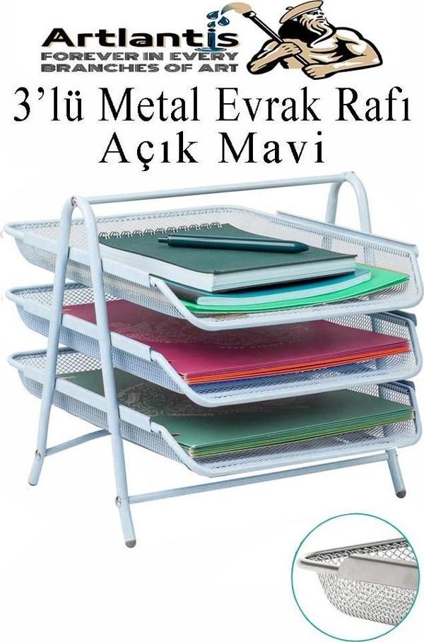 Evrak Rafı Metal 3 lü Mavi 1 Paket Masaüstü A4 Dosya Düzenleyici Kağıt Tepsisi Metal Çelik Fileli Dört Katlı Hareketli - Image 1