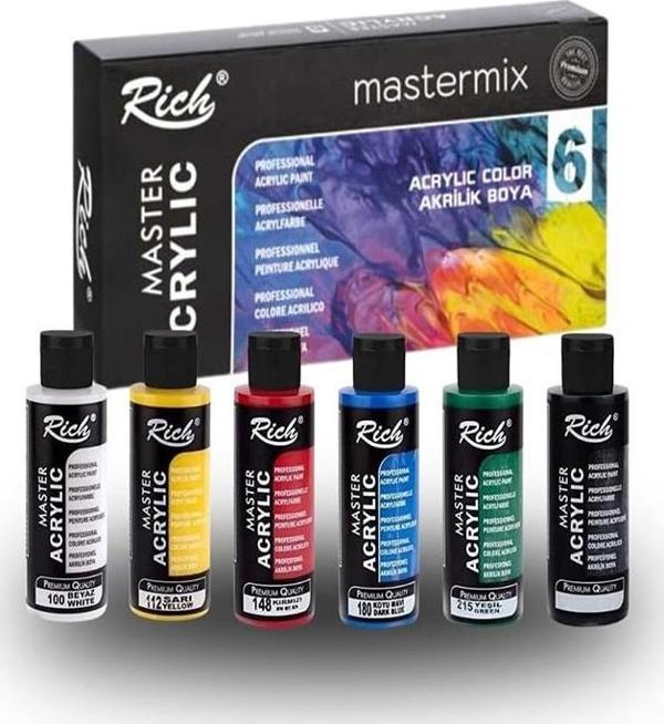 Rich Mastermix Akrilik Boya 6 Renk 60 ml 1 Paket Ana Renkler Akrilik Boya 6 lı Profesyonel Tuval Canvas - Image 1