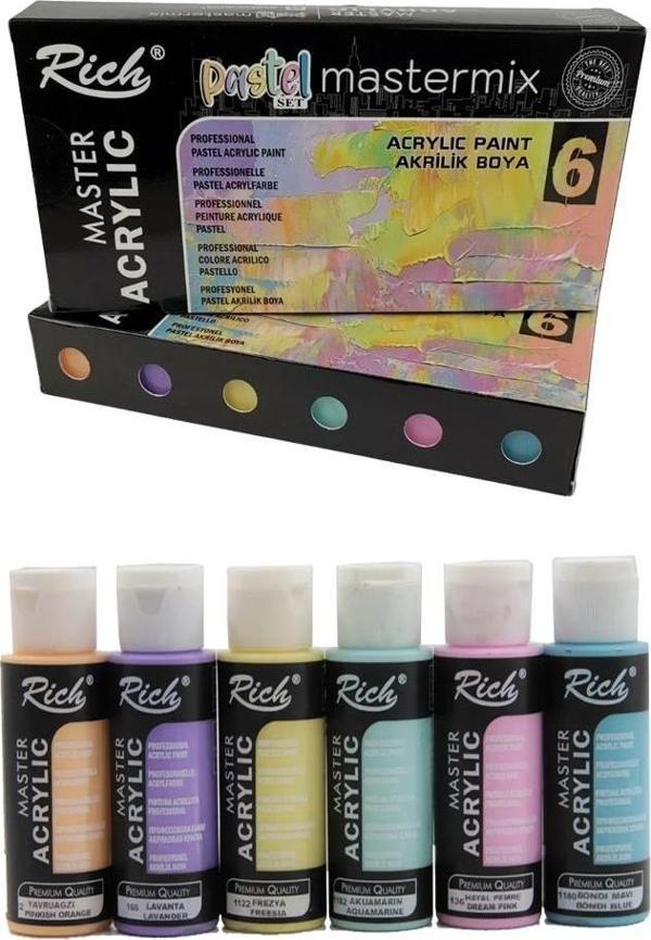 Rich Mastermix Akrilik Boya 6 Renk 60 ml 1 Paket Pastel Renkler Akrilik Boya 6 lı Profesyonel Tuval Canvas - Image 1