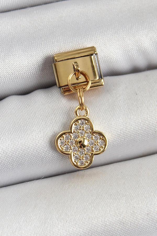 316L Çelik Sallantılı Zirkon Taşlı Yonca Model Gold Renk Nomination Charm - Image 1