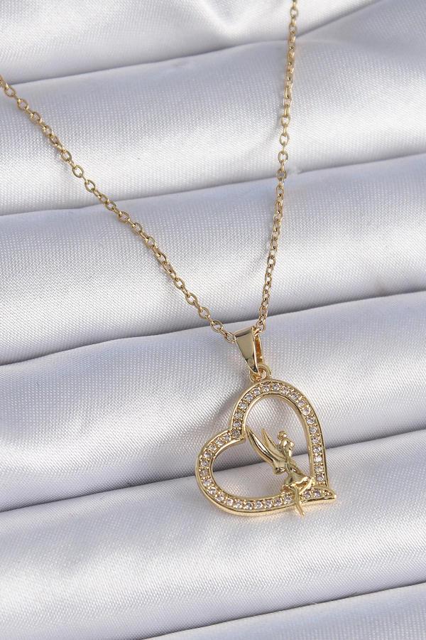 316L Çelik Zincir Gold Renk Zirkon Taşlı Kalp Model Melek Detay Kadın Kolye - Image 1