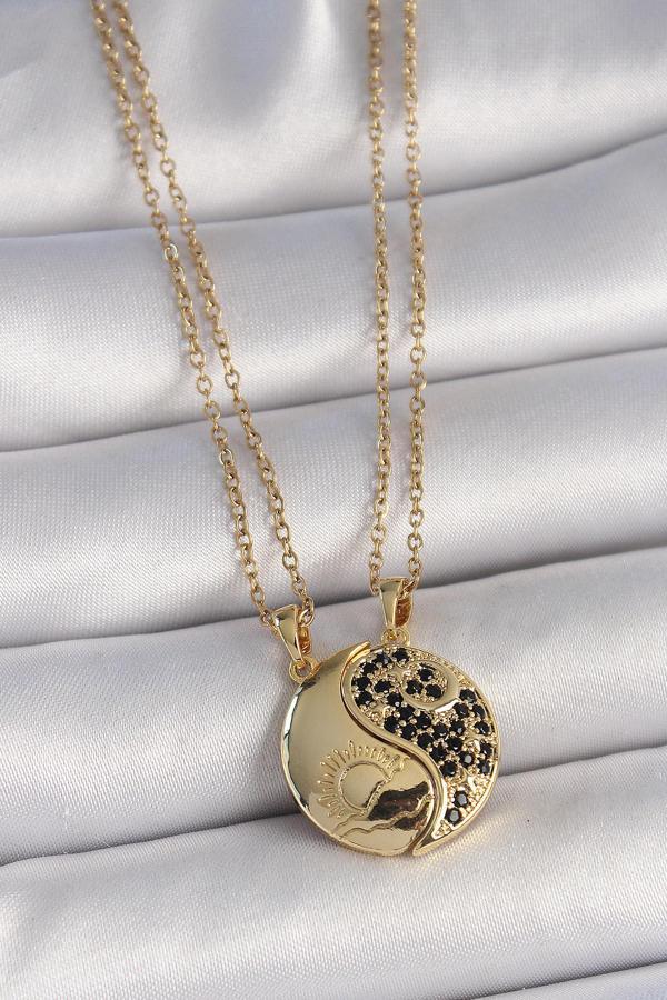 316L Çelik Gold Renk Zincir Zirkon Taşlı Ying Yang Model Gün Batımı İşlemeli Arkadaşlık Kadın Kolye - Image 1