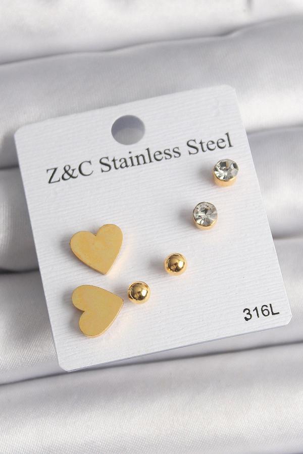 316L Çelik Gold Renk Zirkon Taşlı Kalpli Kadın Küpe Seti - Image 1