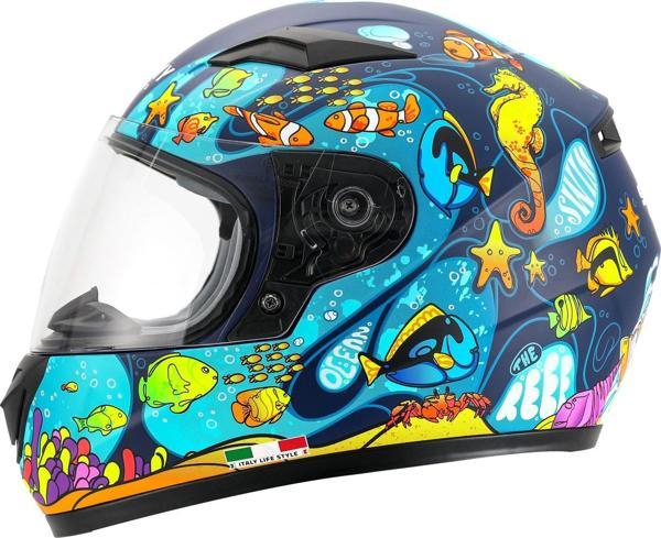 Sway 815K Full Face Şeffaf Vizör Çocuk Motosiklet Kaskı M Beden Ocean Black Blue - Image 1