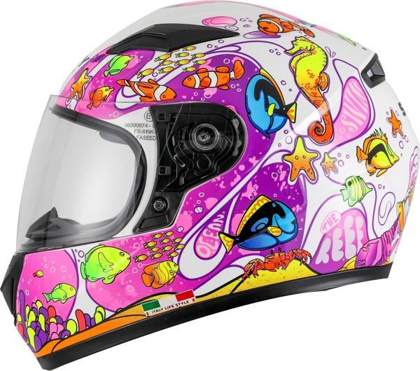 Sway 815K Full Face Şeffaf Vizör Kız Çocuk Motosiklet Kaskı M Beden Ocean White Pink - Image 1