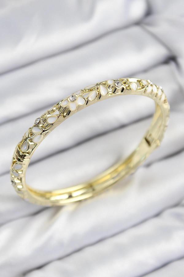 Celira Mineli Celira Pirinç Zirkon Taşlı Beyaz Çiçek Motifli Gold Kadın Kelepçe 00098 - Image 1