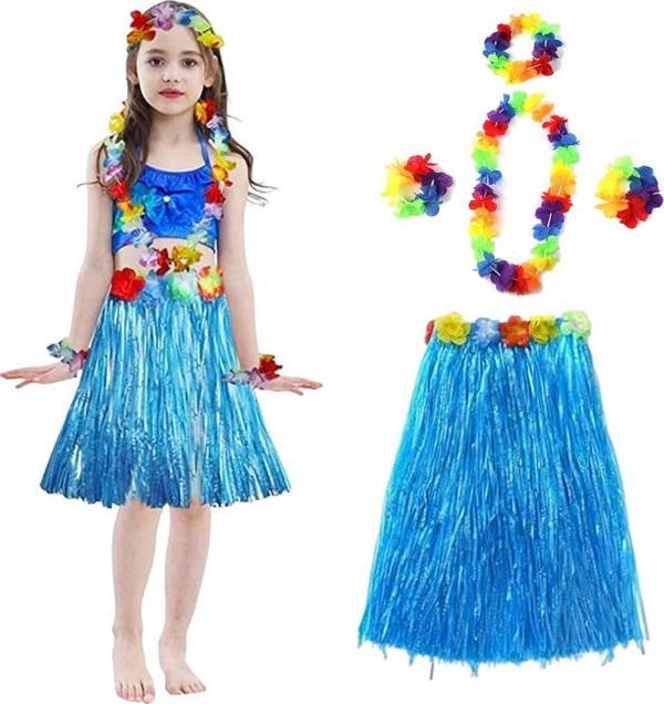 Yetişkin ve Çocuk Uyumlu Hawaii Luau Aloha Mavi Püsküllü Etek Kolye Taç ve 2 Adet Bileklik Seti  - Image 1