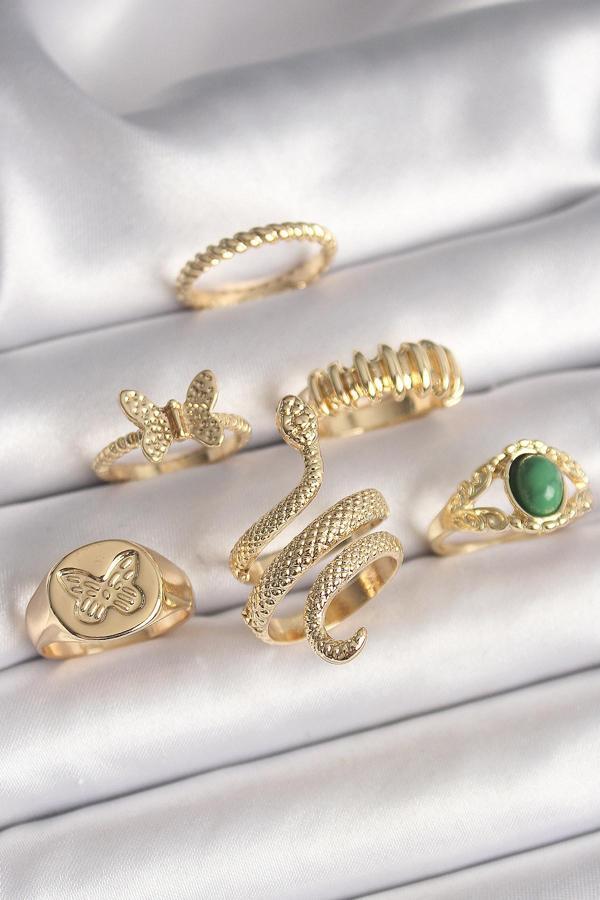 Pirinç Gold Renk İşlemeli Yılan Model Kelebek Detay 6 Lı Kadın Yüzük Seti - Image 1