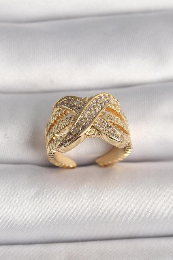 Pirinç Gold Renk Ayarlanabilir Zirkon Taşlı X Model Kadın Yüzük - Image 1