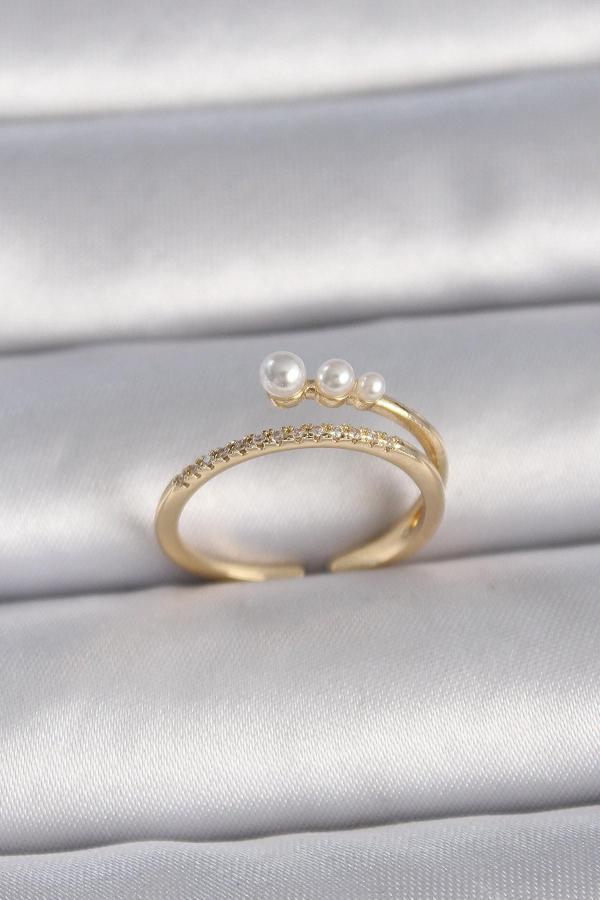 Pirinç Gold Renk Ayarlanabilir Zirkon Taşlı İncili Model Kadın Yüzük - Image 1