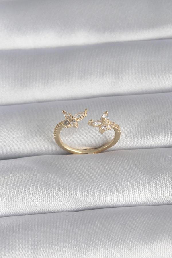 Pirinç Gold Renk Zirkon Taşlı Kelebek Model Kadın Yüzük - Image 1