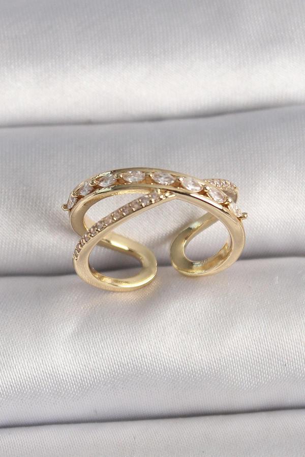 Pirinç Gold Renk Zirkon Taşlı Ayarlanabilir Kadın Yüzük - Image 1