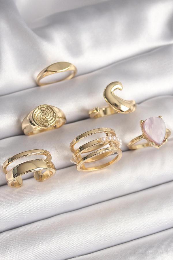 Pirinç Gold Renk Pembe Damla Mineli Sarmal İşleme Detaylı 6 Lı Kadın Yüzük Seti - Image 1