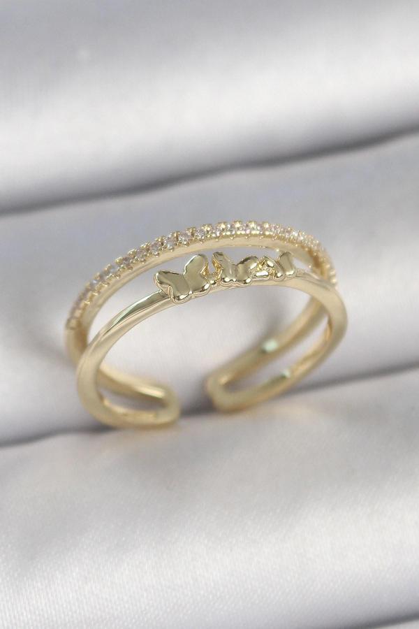Pirinç Gold Renk 2 Li Sıra Zirkon Taş Detaylı Kelebek Figürlü Ayarlanabilir Model Kadın Yüzük - Image 1