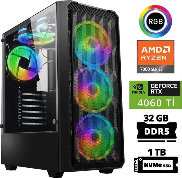 Xaser Delux X44 Ryzen 5 7500F 32GB DDR5 Ram 1TB M.2 NVMe SSD 8GB RTX4060 Ti Masaüstü Oyuncu Bilgisayarı - Image 1