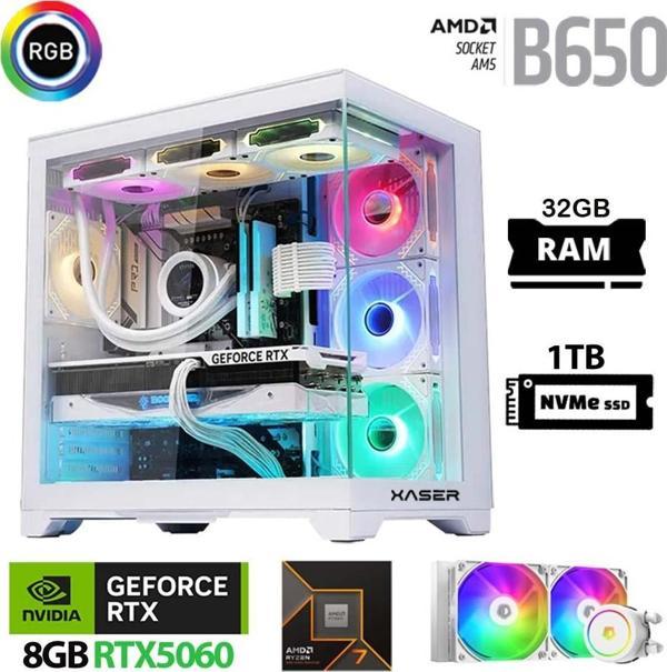 Xaser Lexus x590 Ryzen 7 7800X3D 32GB Ram 1TB M.2 NVMe SSD 8GB RTX5060 Sıvı Soğutmalı Beyaz Oyuncu Bilgisayarı - Image 1