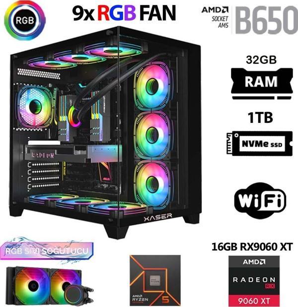 Xaser Lexus x760 Ryzen 5 7500F 32GB DDR5 Ram 1TB M.2 NVMe SSD 16GB RX9060 XT Sıvı Soğutmalı Masaüstü Oyuncu Bilgisayarı - Image 1