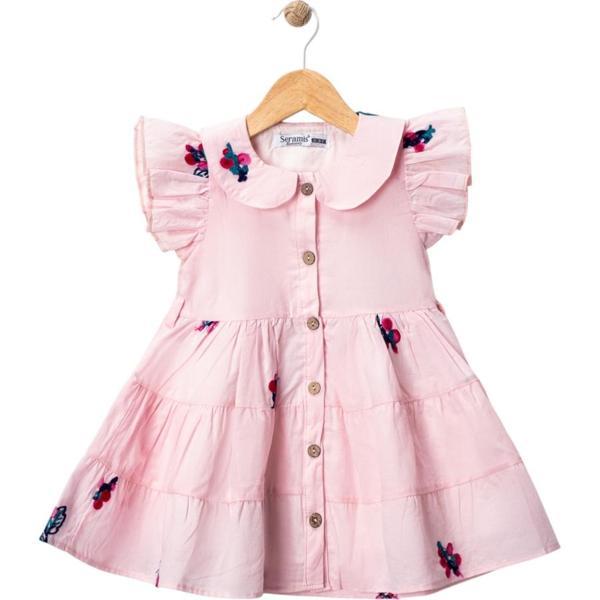 BEBE YAKA NAKIŞLI ÇİÇEKLİ ELBİSE Pembe - Image 1