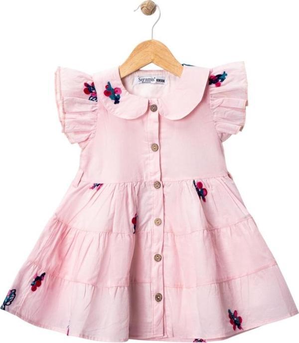 BEBE YAKA NAKIŞLI ÇİÇEKLİ ELBİSE Pembe - Image 1