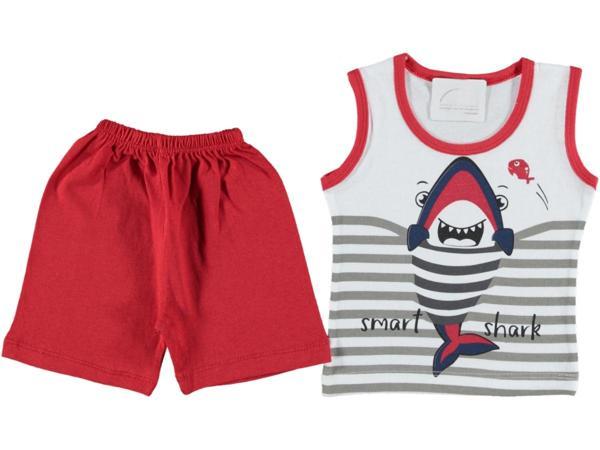 SHARK BASKLI KOLSUZ TSHIRT ŞORT TAKIM KIRMIZI - Image 1
