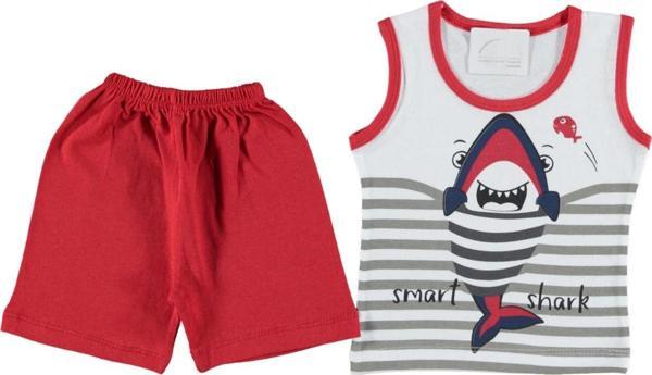 SHARK BASKLI KOLSUZ TSHIRT ŞORT TAKIM KIRMIZI - Image 1
