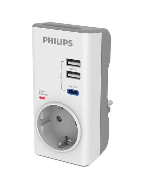 Phılıps Chp8010w/10, Tekli, Akım Korumalı Priz, 380 Joules, Pd 20w Hızlı Şarj, 1xusb-c, 2xusb-a, (be - Image 1