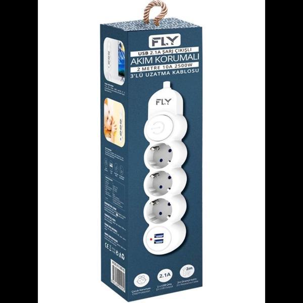 Fly 3393-01, 3 Soket, 2 Usb, Akım Korumalı Priz, 2.1a, Anahtarlı, 2mt Kablo, (beyaz) - Image 1
