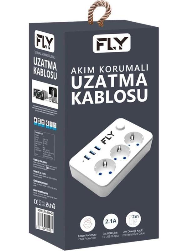 Fly 3406-01, 3 Soket, 3 Usb, Akım Korumalı Priz, 2.1a, Anahtarlı, 2mt Kablo, (beyaz) - Image 1