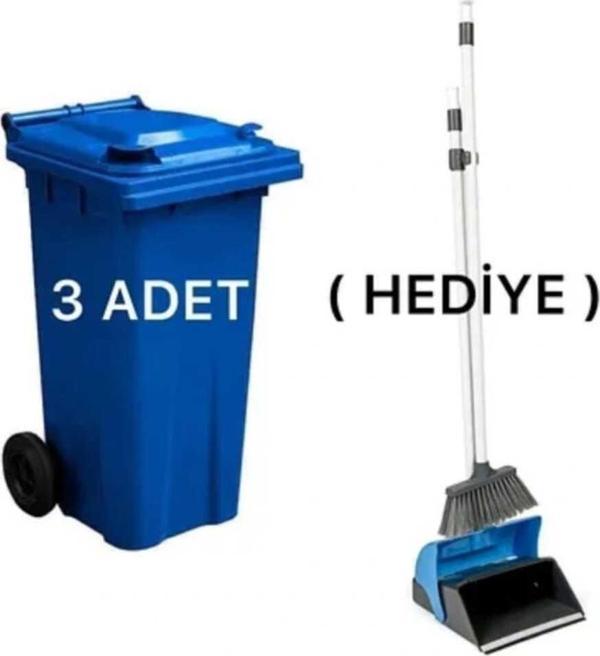 Elcy 3 Adet Mavi Plastik Çöp Konteyneri 120 Lt Isıya Karşı Dayanıklı Faras Hediyeli - Image 1