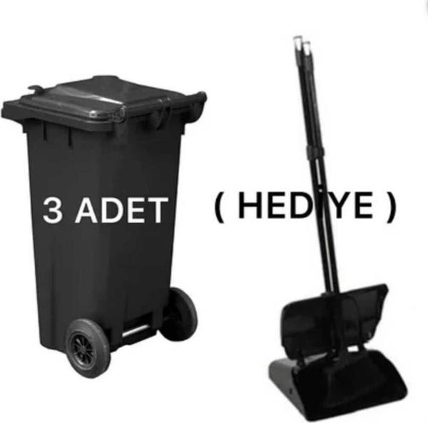Elcy 3 Adet Siyah Plastik Çöp Konteyneri 120 Lt Isıya Karşı Dayanıklı Kapaklı Faras Hediyeli - Image 1