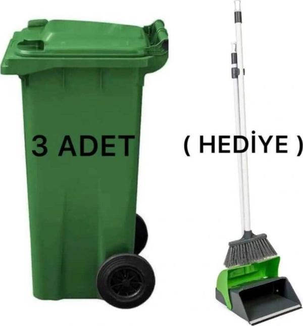 Elcy 3 Adet Yeşil Plastik Çöp Konteyneri 120 Lt Isıya Karşı Dayanıklı Faras Hediyeli - Image 1