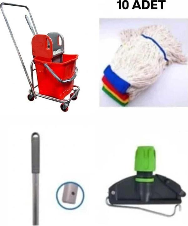 Elcy Tek Kovalı Krom Paspas Arabası Ve Temizlik Arabası Temizlik Seti Plastik + Mop Seti 10 Adet - Image 1
