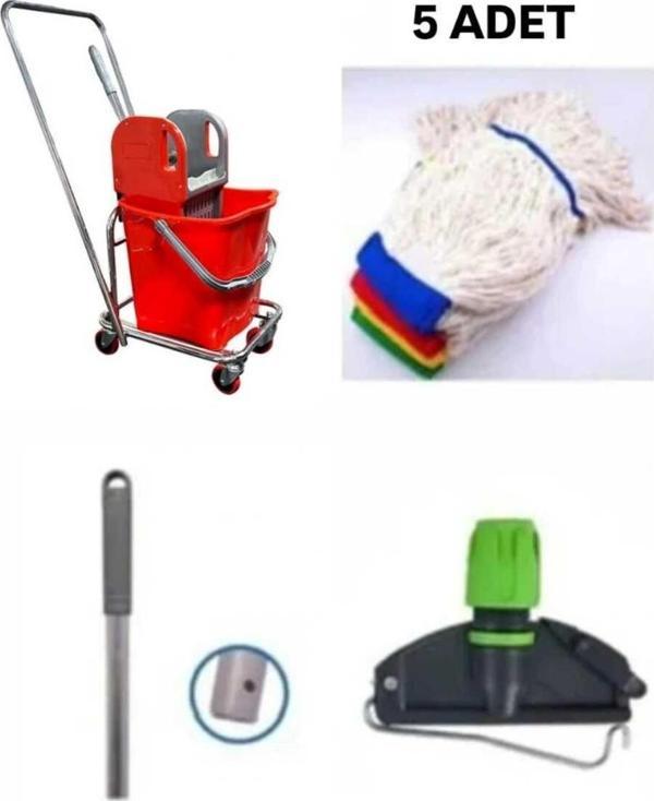 Elcy Tek Kovalı Krom Paspas Arabası Ve Temizlik Arabası Temizlik Seti Plastik + Mop Seti 5 Adet - Image 1