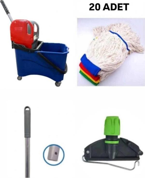 Elcy Tek Kovalı Plastik Temizlik Arabası Ve Paspas Arabası Temizlik Seti Plastik -20 Adet Islak Mop - Image 1
