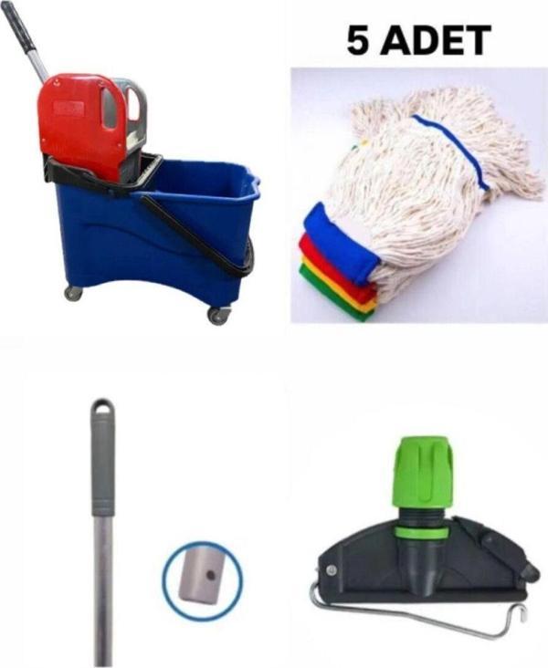 Elcy Tek Kovalı Plastik Temizlik Ve Paspas Arabası Temizlik Seti Plastik Pressli -5 Adet Islak Mop - Image 1