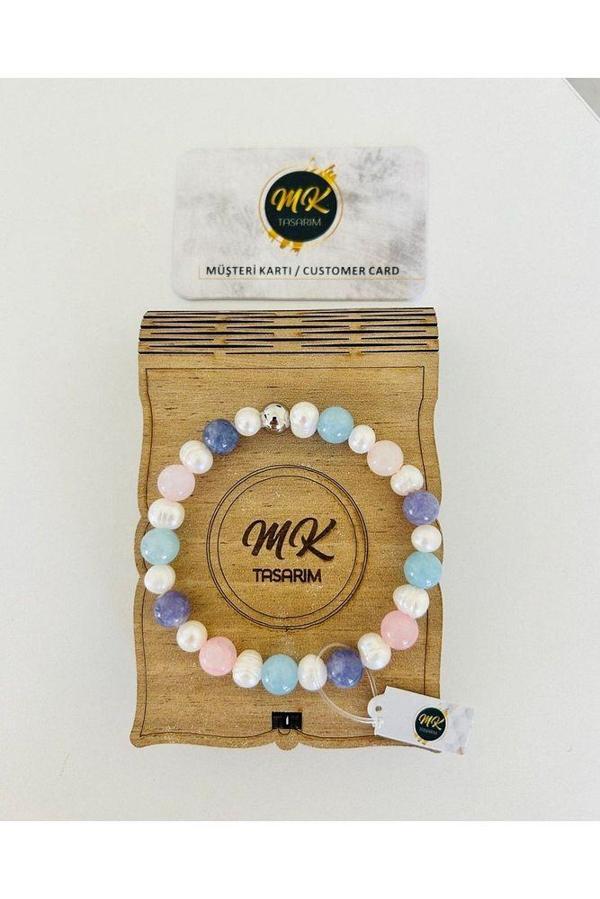 Gerçek Inci -gerçek Mavi,pembe, Mor Kuvars Bileklik | Mktasarım Kutusunda | Mktasarım Müşteri Kartlı - Image 1