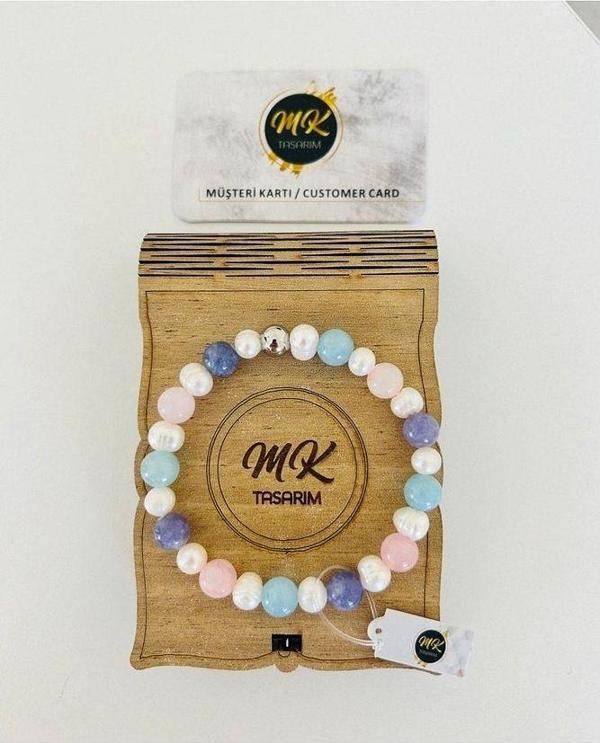 Gerçek Inci -gerçek Mavi,pembe, Mor Kuvars Bileklik | Mktasarım Kutusunda | Mktasarım Müşteri Kartlı - Image 1